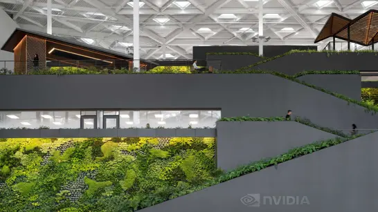 Blick in den 750'000 m2 grossen «Voyager»-Bau – inklusive Green Wall – von Nvidia in Santa Clara, Kalifornien. (Bild: ZVG) Blick in den 750'000 m2 grossen «Voyager»-Bau – inklusive Green Wall – von Nvidia in Santa Clara, Kalifornien. (Bild: ZVG)