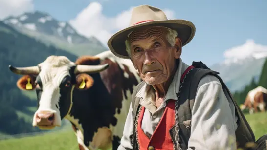 Portrait Of Old Swiss Man In The Alps Wearing Traditional Swiss Cultural Clothing. Beautiful Scenic View On Mountains, Fieds And A Village In The Background. Graubünden, Switzerland. Generative AI (Source: Adobe Stock KI) Portrait Of Old Swiss Man In The Alps Wearing Traditional Swiss Cultural Clothing. Beautiful Scenic View On Mountains, Fieds And A Village In The Background. Graubünden, Switzerland. Generative AI (Source: Adobe Stock KI)